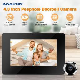 Awapow New 4.3 Inch Peephole Doorbell Camera 145° Peephole Viewer Cat Eye Door Bell Smart Electronic Outdoor Camera Monitor