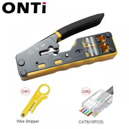 ONTi RJ45 Crimp Tool Pass Through Crimper For Cat6 Cat5 Cat5e 8P8C Connector With Replacement Blade Ethernet Cable Stripper