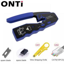 ONTi RJ45 Crimper Tool Pass Through Crimp For Crimping Cat8/7/6/5 Cat5e Connector With Replacement Blade Ethernet Cable Stripper