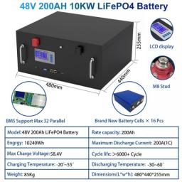 48V 200Ah 100AH LiFePO4 Battery Pack CAN/RS485 32 Parellel 10KW 5KW Super Capacity 6000+ Cycle PC Monitor 200A BMS For Solar