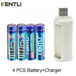 KENTLI 1.5v 1180mWh Aaa Polymer Lithium Li-ion Rechargeable Batteries Battery + 4 Slots Lithium Li-ion Charger