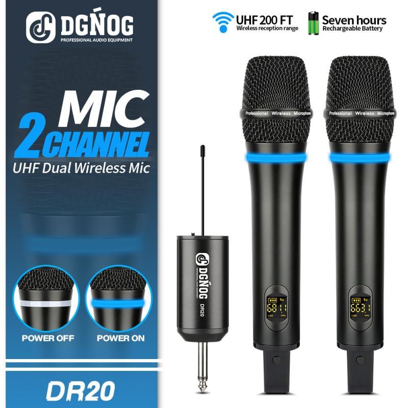 Dual Wireless Microphone DGNOG DR20 Professional 2 Channel UHF Handheld Dynamic Karaoke Mic for Speaker Church Singing DJ Party