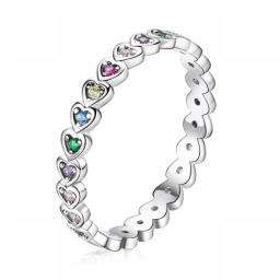 WOSTU 925 Sterling Silver Fashion Rainbow Round Rings Dazzling Zircon Heart Finger Rings For Women Fine Wedding Jewelry CQR714