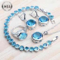 925 Sterling Silver Jewelry Sets Bridal Women Natural Magic Rainbow Zircon Earrings Ring Bracelets Pendant Wedding Necklace Set