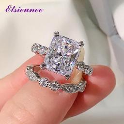 ELSIEUNEE Classic 100Percent 925 Sterling Silver Simulated Moissanite Diamond Wedding Engagement Bridal Ring Sets Fine Jewelry Gifts