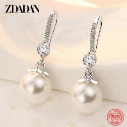 ZDADAN 925 Sterling Silver Long Pearl CZ Dangle Earrings For Women Engagement Wedding Graceful Accessories Fashion Earring Gift
