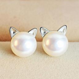 Real 100Percent 925 Sterling Silver Cat Pearl Stud Earrings For Women Girls Fashion Sterling-silver-jewelry Brincos Brinco