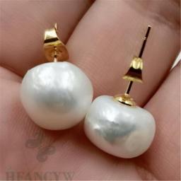 12-14MM Mabe White Baroque Pearl 18K Gold Earrings Classic Ma Bei Personality Gorgeous Delicate