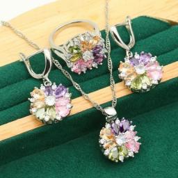 Classic 925 Silver Gold Color Jewelry Sets For Women Wedding Multicolor Zircon Bracelet Earrings Necklace Pendant Ring 4PCS