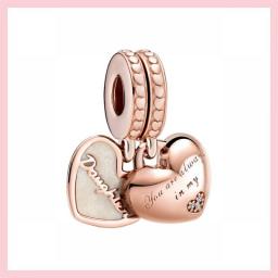 Classic 925 Sterling Silver Rose Gold Charms Pink Flower Heart Beads Fit Original Charm Bracelet Jewelry Making DIY Gift
