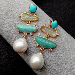 YYGEM Natural Geometric Turquoise Amazonite Prehnite  Freshwater White Pearl  Stud Earrings Gold Filled Office Style For Women