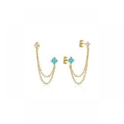 Aide 925 Sterling Silver Four Zircons Flower Stud Earrings For Women Double Studs Chain Tassel Piercing Earring 18K Gold Plated