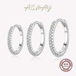 Ailmay 100Percent 925 Sterling Silver Clear Zircon Simple Fashion Hoop Earrings For Women Girls Anti-allergy Fine Jewelry Gifts