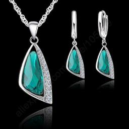 Hot Selling 925 Sterling Silver Women Wedding Jewelry Sets With Green Triangle Crystal Earrings Necklace Set Wedding Gifts