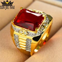 Gorgeous Male Big Red Stone S925 Ring Fashion 18KT Yellow Gold Filled Vintage Wedding Engagement Rings For Men Gifts For Men