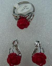Women's Wedding  Jewelry Heart Red GEM Flower Stud Earring Ring Set Ms. Girl Wedding-jewelry Moda Real Ms. Girl Wedding-jewelry