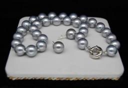 Prett Lovely Women's Wedding  Shipping>>>>>> Jewelry 12MM -gray Shell Pearl Necklace& Earrings Stud --jewelrynoble Lady's