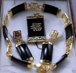 Prett Lovely Women's Wedding Wholesale Fashion Black GEM Lucky Pendant & Earrings Bracelet Sets Ms.-jewelry Modanoble Lady's