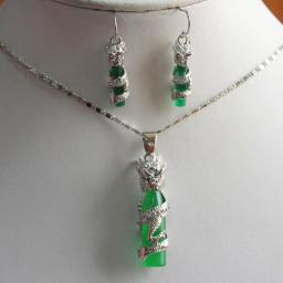 Women's Wedding Wholesale/retail Jewelry Green Gem Cylinder+  Pendant & Earring Set With Chain  Jewelry Real Noble Lady's