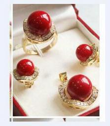 Real Newjewelry Women's Wedding Design! Wonderful 11*14MM ROUND RED CORAL SOUTH SEA SHELL PEARL Earrings Ring & Pendant Set