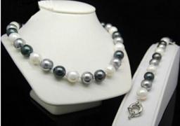 Jewelry Set Silver Hook>Round Beads 3 Color 12mm Black Grey White Shell Pearl Bracelet Necklace 18