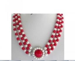 Natural AAA 3row White Pearl Red Coral Necklace Fine Lovely Bridal Wedding Word Shipping Free