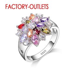 925 Sterling Silver Ring Fashion Jewelry Colourful Cubic Zirconia Flower Design Cute Style Women Girls Party Engagement