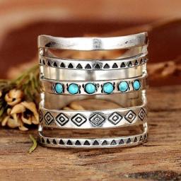 Bohemia Stone Inlaid Finger Joint Rings For Women Antique Engraving Geometric Pattern Female Statement Party Wedding Ring Gifts