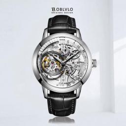 OBLVLO Designer Fashion Watches For Men Skeleton Dial Black Steel Automatic Self-Wind Watches Genuine Leather Strap VM