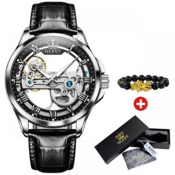 OLEVS Luxury Brand Men Watches Automatic Mechanical Wristwatch Skeleton Design Waterproof Leather Strap Male Watch Reloj Hombre