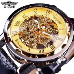 Winner Top Brand Luxury Golden Male Clock Men Relogios Skeleton Mens Watches Montre Leather Wristwatch Men Mechanical Watch