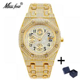 MISSFOX Luxury Fashion Watches Mens Hip Hop Iced Diamond Auto Date Chronograph Waterproof Quartz AAA Wristwatch Man Reloj Hombre