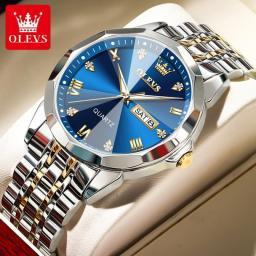 OLEVS 2023 New Business Quartz Watch For Men Week Calendar Luxury Waterproof Stainless Steel Strap Luminous Blue Men Wristwatch