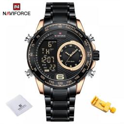 NAVIFORCE Luxury Brand Watches For Men Stainless Steel Chronograph Digital Quartz Wrist Watch Fashion Luminous Waterproof Clock