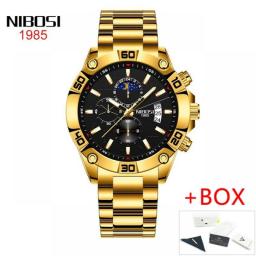 NIBOSI Fashion Stainless Steel Gold Watch Mens Watches Top Brand Luxury Clock Chronograph Quartz Watch Men Relogio Masculino