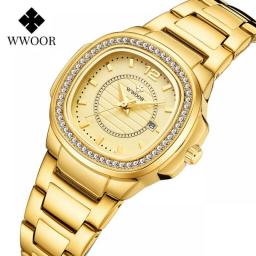 WWOOR Luxury Women White Watch Fashion Ladies Quartz Wristwatch Calendar ​Diamonds Female Clock Bracelet Watch New Elegant Reloj