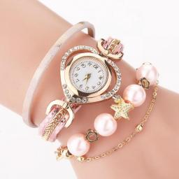 High Quality Women Bracelet Watches With Pearl Pendant  Luxury Ladies Leather Quartz Rhinestone Wristwatches Clock