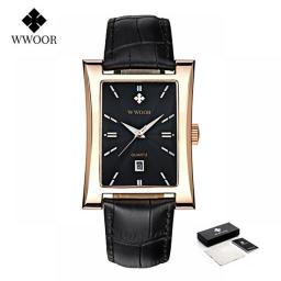 WWOOR 2023 New Men Watch Black Leather Square Male Quartz Wristwatch Luxury Watch Men Business Calendar Clock Relogio Masculino