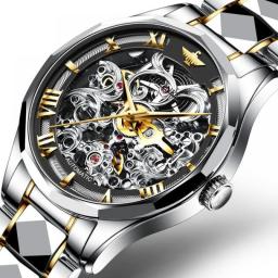 OUPINKE Men Watches Gold Skeleton Automatic Mechanical Wristwatch For Men Luxury Sapphire Crystal Stainless Steel Montre Homme