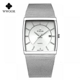 WWOOR Brand Luxury Gold Ultra Thin Quartz Watches For Men Fashion Square Mens Watch Steel Mesh Band Waterproof Date Wrist Watch