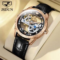 JSDUN Men's Mechanical Skeleton Watches See-through Dial Luxury Brand Leather Strap Automatic Self-Wind Waterproof Wrist Watches