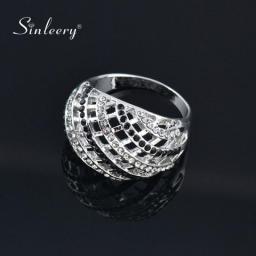 SINLEERY Vintage Reticular Hollow Cross Rings With Black White Stones Big Silver Color Ring For Women Party Jewelry ZD1 SSB