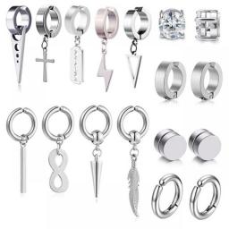 17Pcs Clip On Hoop Earrings For Men Women Stainless Steel Fake Non Piercing Magnetic Dangle Earring Clip On Huggie Hoop Earrings