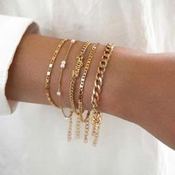 5Pcs Trendy Chain Bracelet Set For Women Angel Letter Gold Silver Color Link Chain Bangle Female Fashion Jewelry Gift