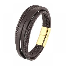 Fashion Simple Design Multilayer Leather Rope Hand Woven 316L Stainless Steel Magnet Bracelet Men's Jewelry