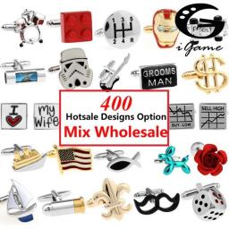Free Shipping 400 Mix Hotsale Designs Cufflinks Wholesale MOQ 1pair Sport Music Animal Car Tool Casino Designs Option Cuff Links