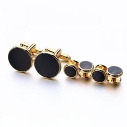 Hot Sale Black Enamel Round Cufflinks Tuxedo Studs Sets High Quality Gold Color Plated Mens Jewelry Business Wedding Cuff Links