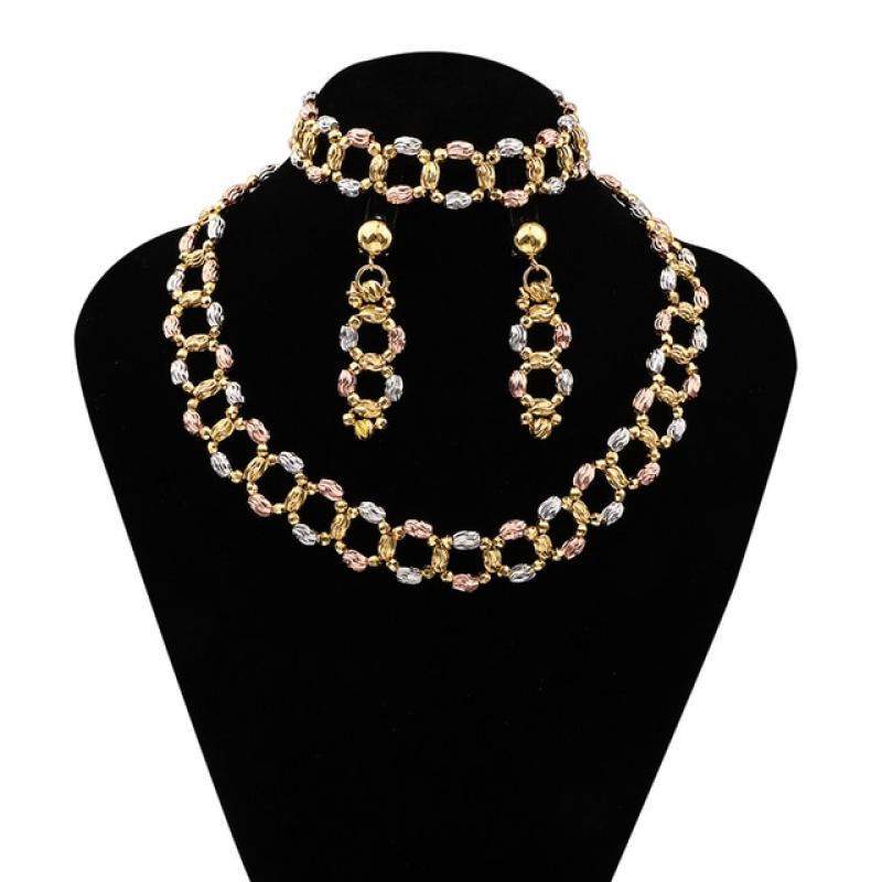 Dubai Bridal Necklace Earrings Bracelet Set Luxury Women Necklace Gold Plated Jewelry Sets For Women Wedding Gift 3Piece/Set