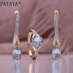 PATAYA Women Sets 585 Rose Gold Color Light Blue Cubic Zircon White Oval Weaving Ring Earring Sets Fashion Jewelry Gift New 2023