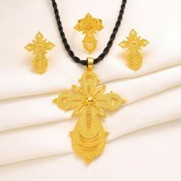 Fashion Gold Color Cross Pendant Necklace Earrings Ring Set For Women Vintage Arab Africa Europe Jewelry Sets Party Gifts